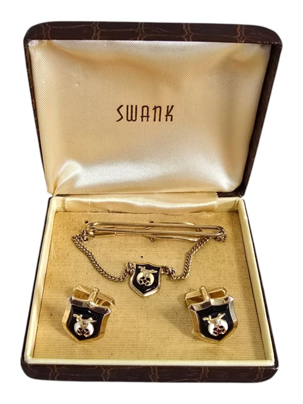 Vintage Swank Cufflinks & Tie Clip Set Gold Tone Shriners Emblem w/ Box